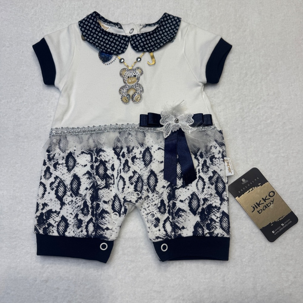 Jikko Baby Girls Romper 0-3 Months White Navy Snakeskin‎ Bear NWT